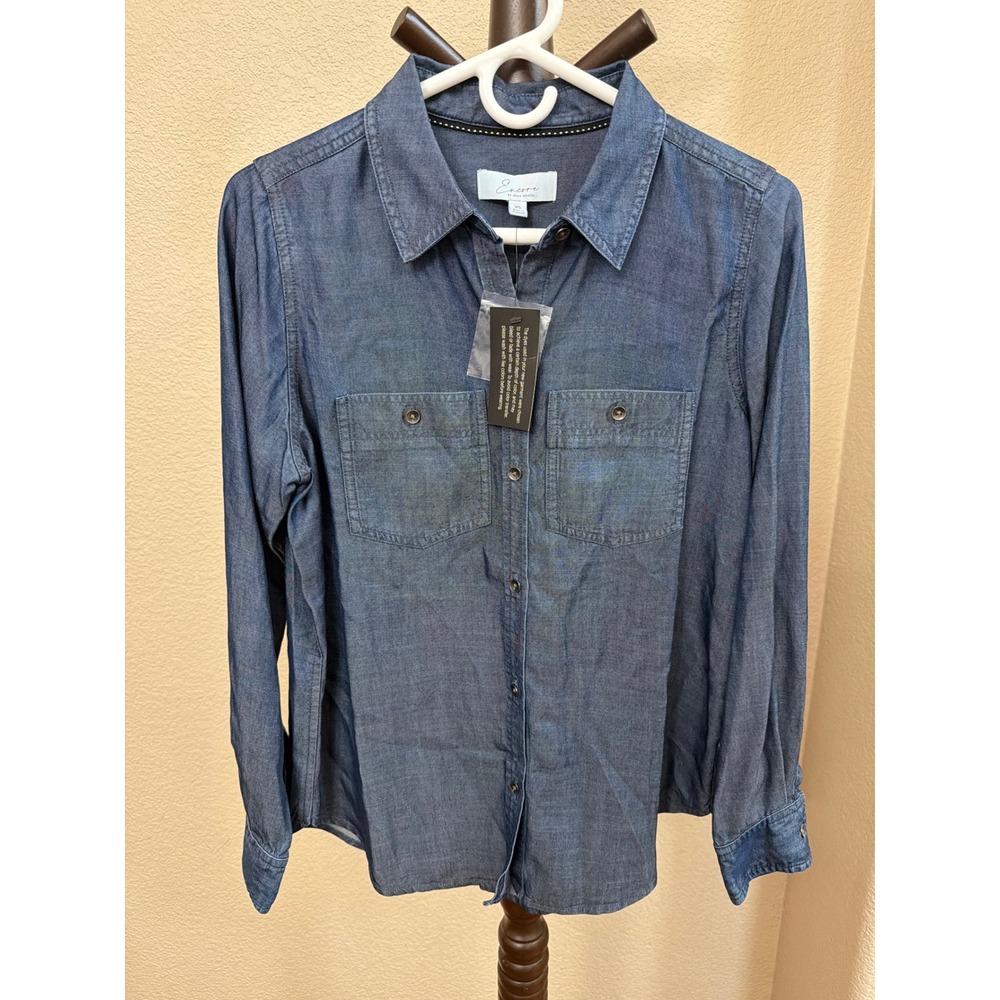 Encore by Idina Menzel Womens XS Blue Lyocell Chambray Button Down Shirt NWT